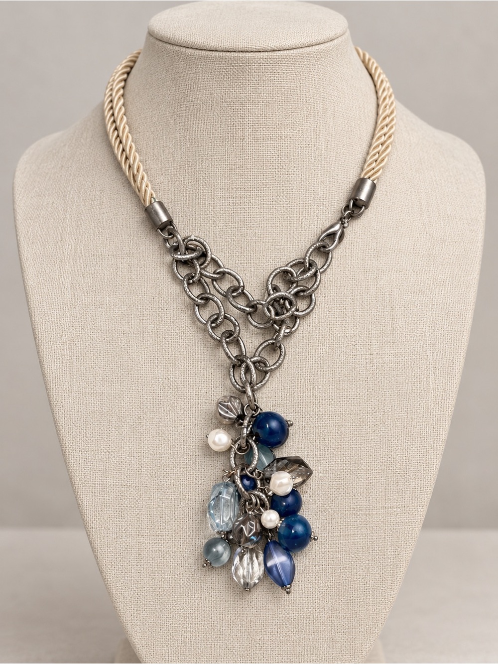 Blue & Silver Statement Necklace – Pearl & Beaded Chandelier Pendant